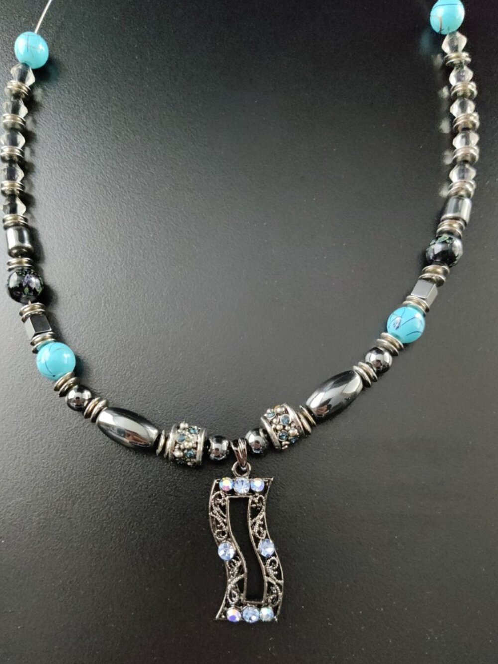 Vintage 90s Silver Art Deco Pendant Necklace Blue AB Crystals Rhinestones 18" - Picture 3 of 6